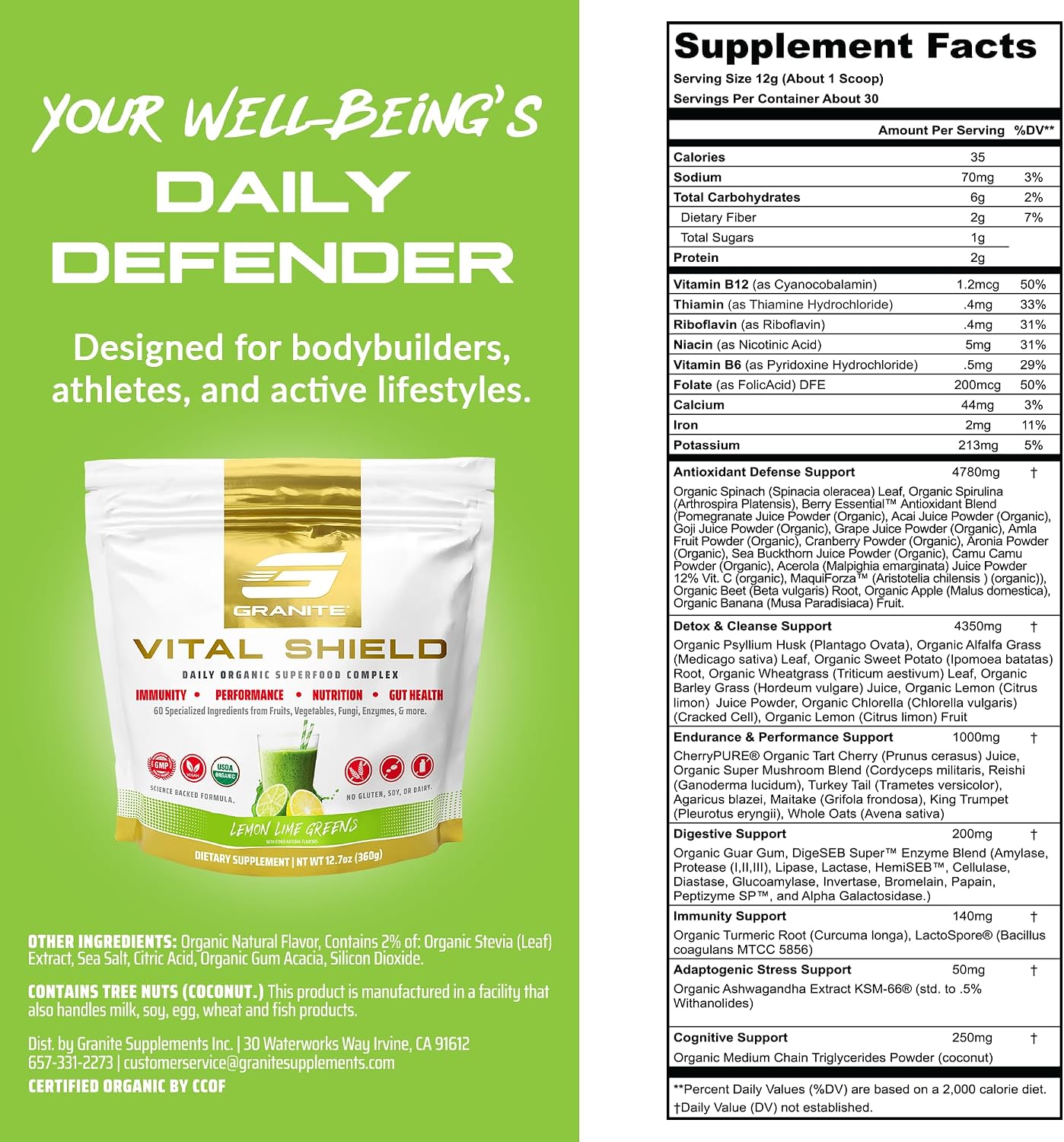 Granite Nutrition Vital Shield – USDA Organic Superfood Greens Powder with Mushrooms & Tart Cherry, Lemon and Lime, 30 Servings - görsel 3