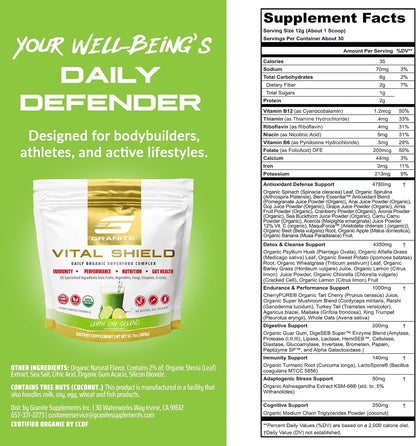 Granite Nutrition Vital Shield – USDA Organic Superfood Greens Powder with Mushrooms & Tart Cherry, Lemon and Lime, 30 Servings