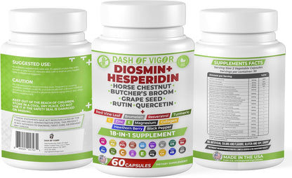 Dash of Vigour 18-in-1 Diosmin Hesperidin Supplement | Quercetin, Bromelain, Zinc, Vitamin C with Rutin | 60 Capsules