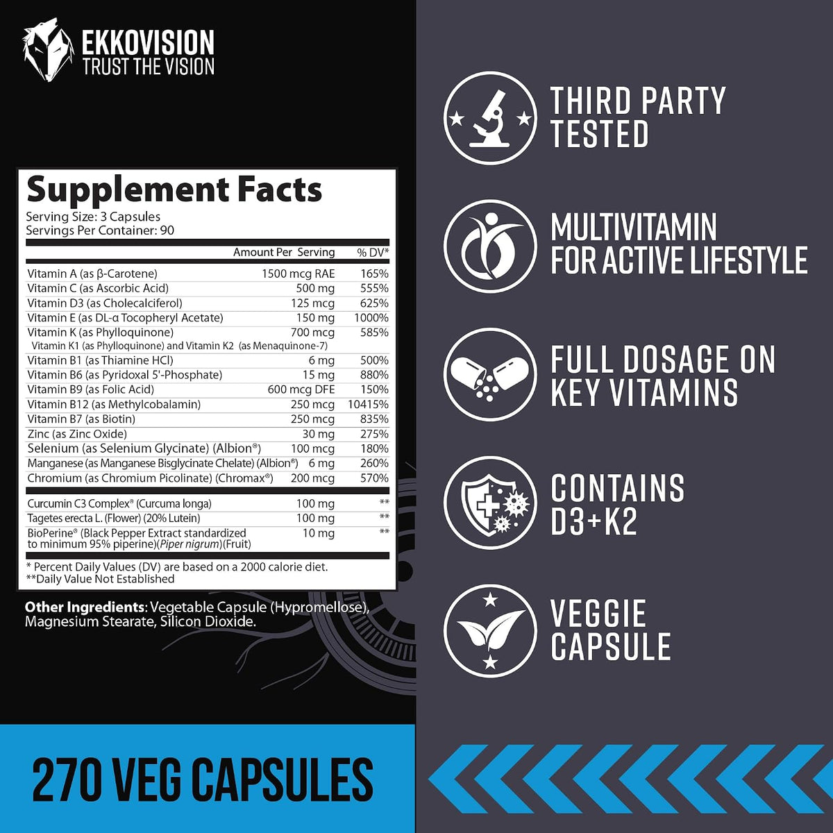 Ekkovision Multivitamin - Iron-Free Plant-Based Multi for Men & Women - 90 Servings (270 Capsules) - görsel 2