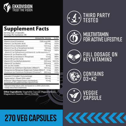 Ekkovision Multivitamin - Iron-Free Plant-Based Multi for Men & Women - 90 Servings (270 Capsules)