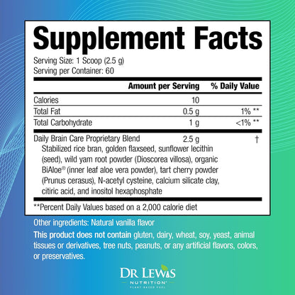 Brain Supplements for Memory and Focus – Dr Lewis Daily Brain Care Powder with Aloe Vera – Plant-Based Nootropic and Vitality Support for Brain Fog, Mental Clarity and Daily Wellbeing – Powder, 150g