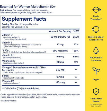 Ritual Essential for Women 50+ Daily Multivitamin – Vegan, Non-GM, Delayed-Release Capsules with Omega-3 DHA, Folate, Vitamin D3, Magnesium – 60 Capsules (30 Servings)