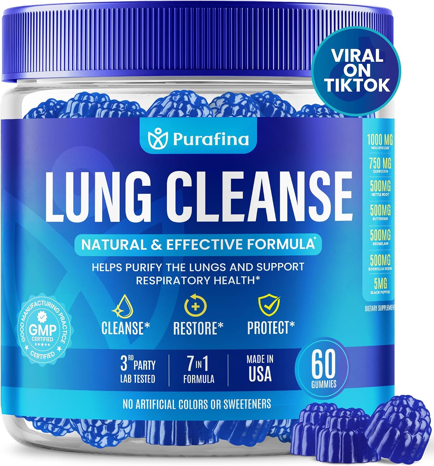 Purafina Lung Cleanse Gummies - 7-in-1 Respiratory and Lung Health Support with Organic Mullein Leaf Extract, Quercetin, Nettle Root, Boswellia, Bromelain - Non-GMO (60 Gummies) - görsel 1