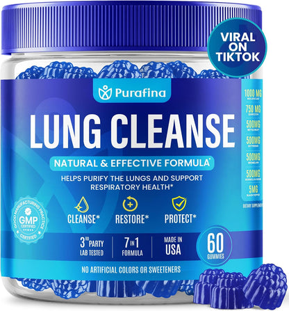 Purafina Lung Cleanse Gummies - 7-in-1 Respiratory and Lung Health Support with Organic Mullein Leaf Extract, Quercetin, Nettle Root, Boswellia, Bromelain - Non-GMO (60 Gummies)