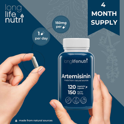 LongLifeNutri Artemisinin 150mg - Organic Sweet Wormwood Food Supplement, 120 Vegetarian Capsules