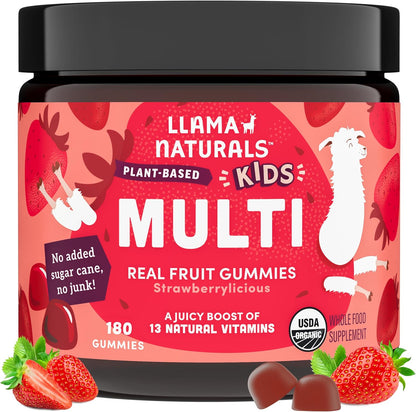 Llama Naturals Kids Multivitamin Gummies, Organic Vegan, Real Fruit, No Added Sugar, Strawberry, 90 Count
