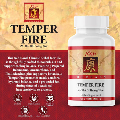 Kan Herb Company Temper Fire – Traditional Herbal Formula with Prepared Rehmannia, Anemarrhena & Phellodendron – Supports Cooling Balance, Moisture Comfort & Grounded Ease – 120 Tablets