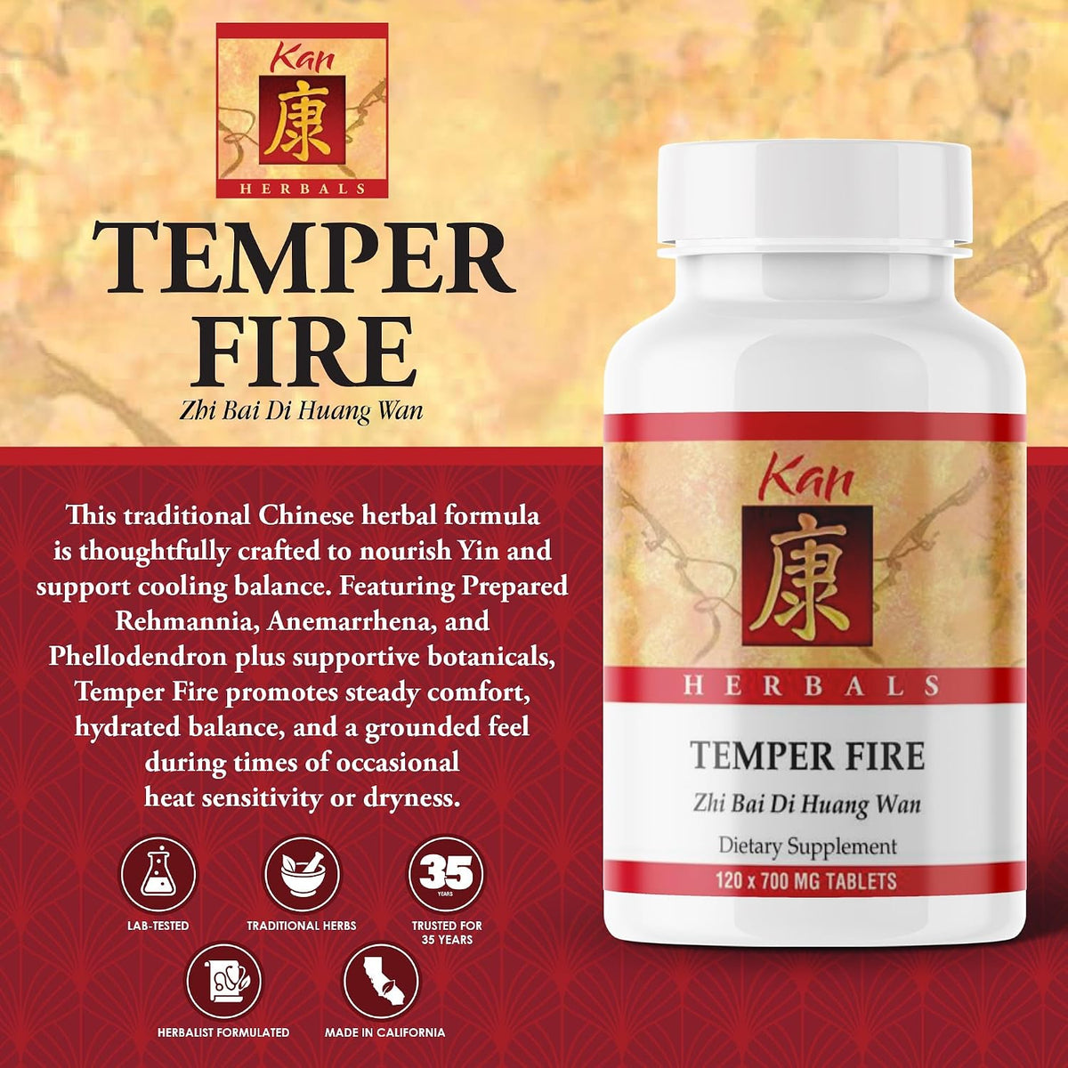 Kan Herb Company Temper Fire – Traditional Herbal Formula with Prepared Rehmannia, Anemarrhena, Phellodendron – Cooling Balance Support, 120 Tablets - görsel 2