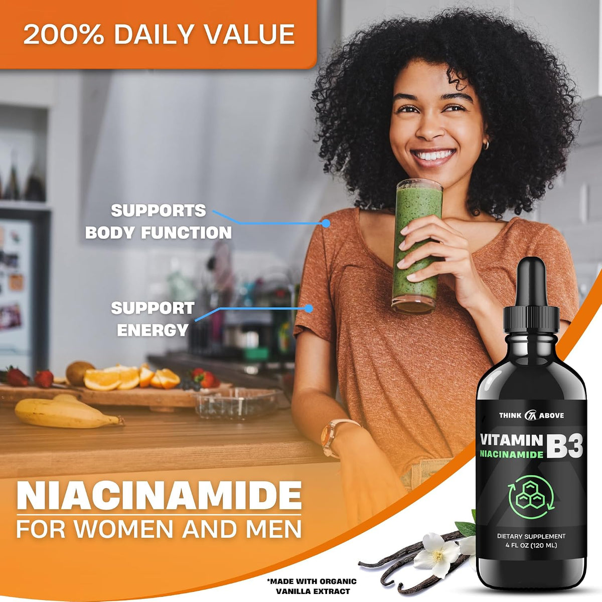 Think Above Vitamin B3 Niacinamide Liquid – Non-Flush Form of Vitamin B3 – Convenient Niacinamide Drops for Women and Men – Easy-to-Swallow 60 ml Bottle - görsel 2