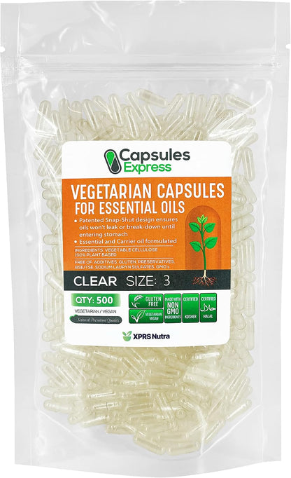 XPRS Nutra Size 3 Empty Vegan Capsules (500 Count) - Clear Veggie Capsules for Oils and Powders