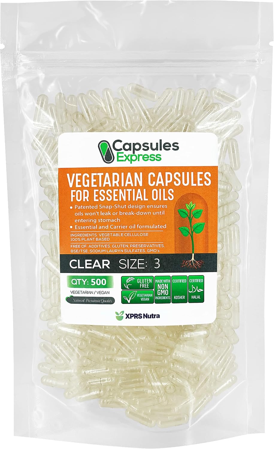 XPRS Nutra Size 3 Empty Vegan Capsules - 500 Count Clear Vegetable Capsules for Oils and Powders - görsel 1