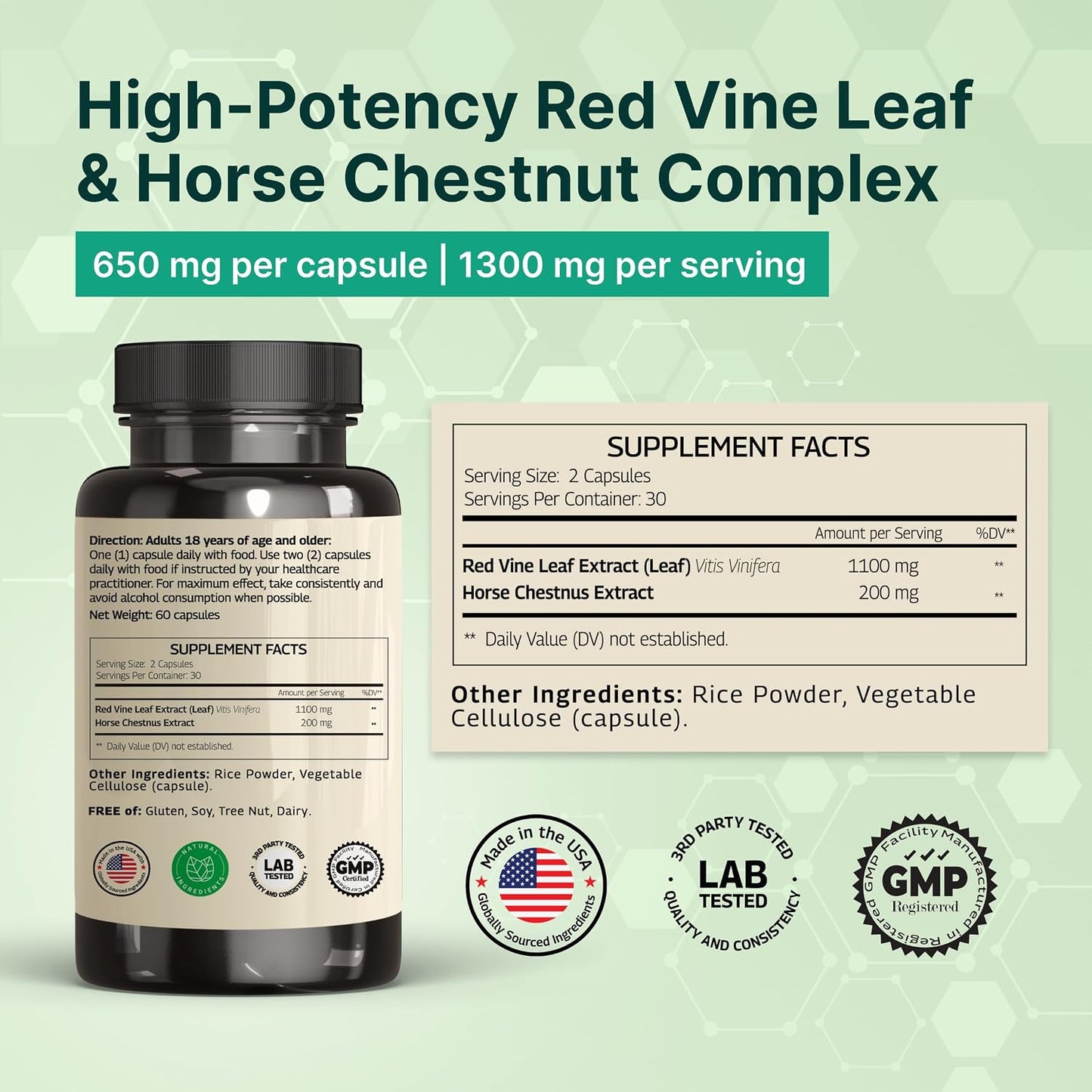 VINATURA Red Vine Leaf Extract with Horse Chestnut - 1300 mg per Serving for Vein and Circulation Support (60 Capsules) - görsel 2
