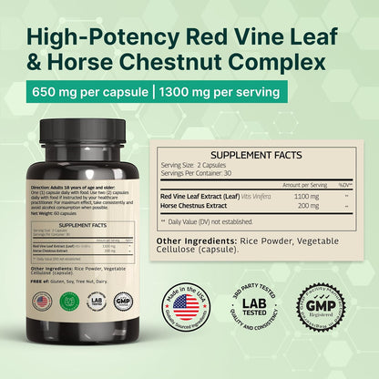 VINATURA Red Vine Leaf Extract with Horse Chestnut - 1300 mg per Serving for Vein and Circulation Support (60 Capsules)
