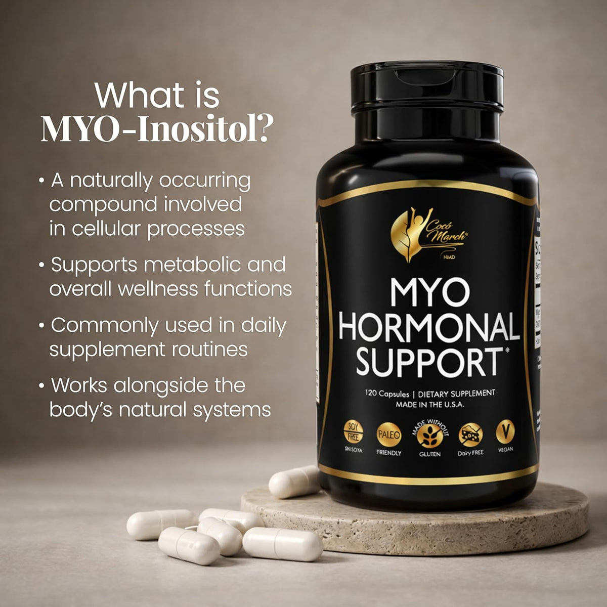 Cocó March N.M.D Myo-Inositol Hormonal Support for Women – Supports Hormone Balance & Menopause Wellness, Energy & Metabolism – Gluten-free, Dairy-free, Vegan – 120 Capsules - görsel 4