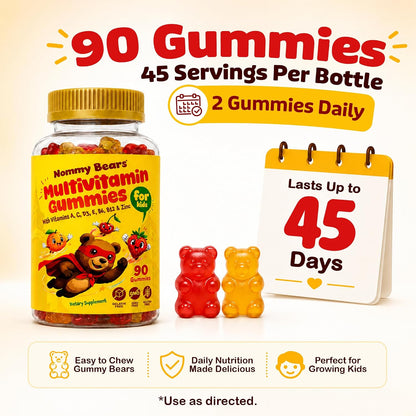 NOMMY BEARS Children's Multivitamin Gummies – 11 Essential Nutrients, Gelatine-Free, Vegan, Natural Flavours