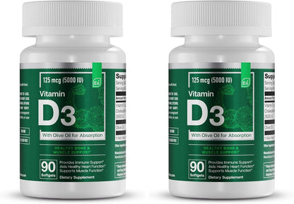 Essential Elements Vitamin D3 5000 IU – Soft gel capsules with Olive Oil – Bone, Muscle and Immune Support – 90 Soft gel capsules
