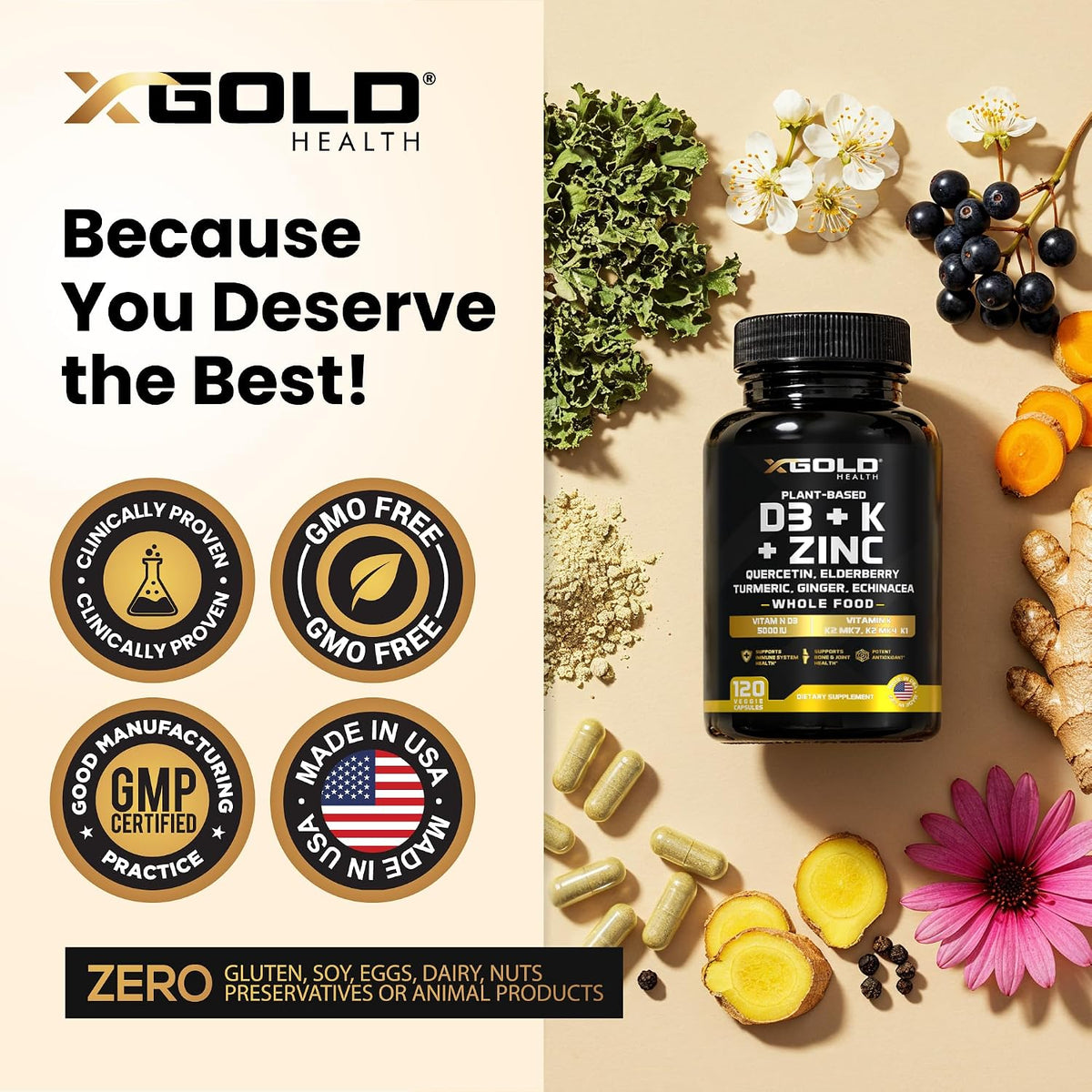 X Gold Health 8-in-1 Vitamin D3 and K2 Complex with Zinc, Quercetin and Elderberry - 120 Capsules - görsel 5