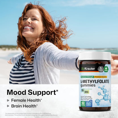 BIO KRAUTER® L-Methylfolate Gummies for Folic Support – Active Folate (Vitamin B9) for Brain & Mood – 15mg, 60 Vegan Gummies, 30-Day Supply