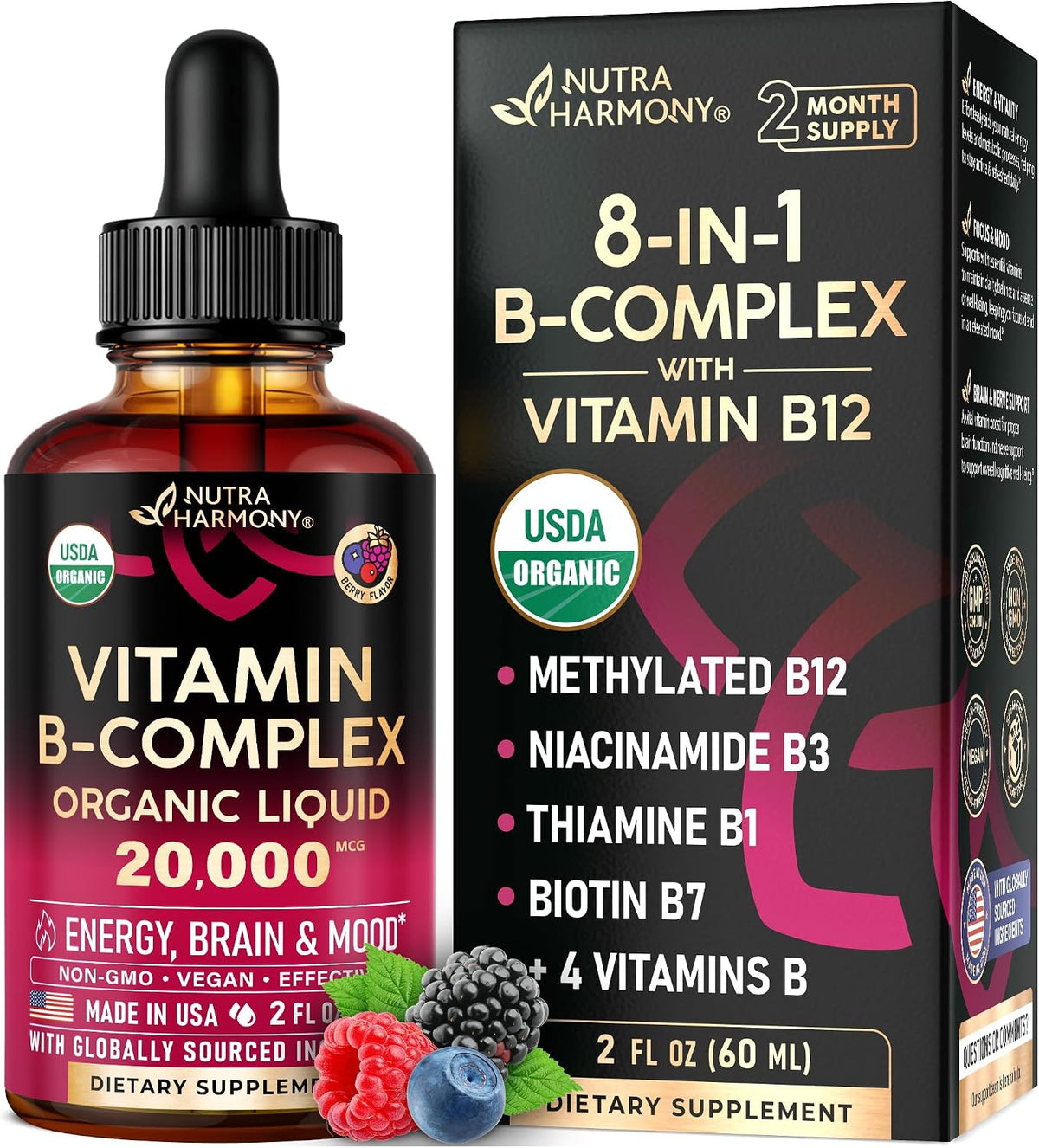 Organic Vitamin B-Complex Liquid Drops – Natural Berry Flavour (2 fl oz) - görsel 1