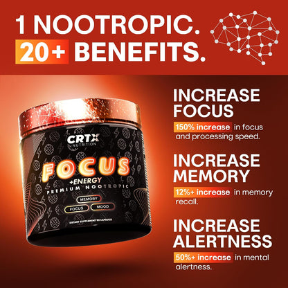 CRTX Nutrition Nootropic Focus Supplement - Clinically Backed Ingredients - Alpha-GPC, Lion's Mane, Rhodiola - 90 Capsules