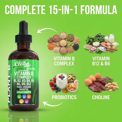 Vitamin B Complex Liquid Drops - Plant B Vitamin Supplement with Methylated B12, Choline and Probiotics
