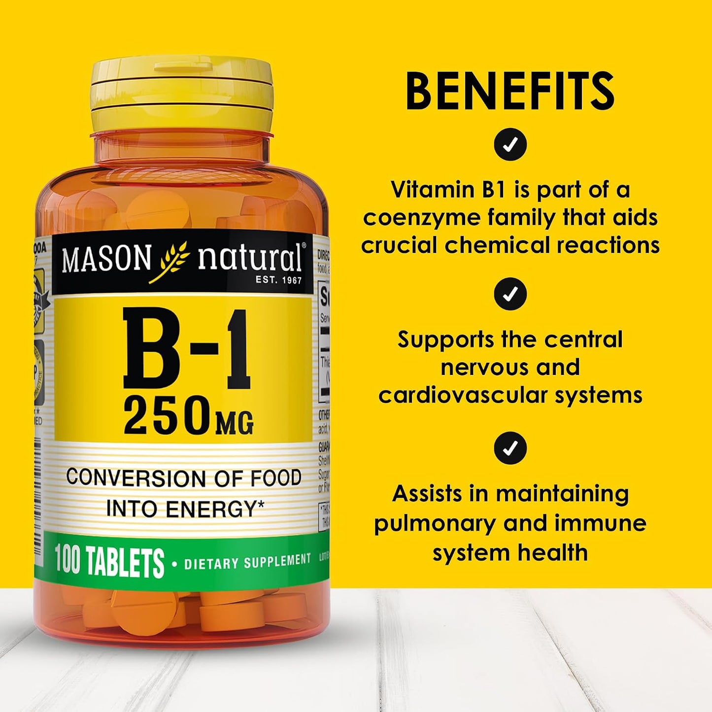 MASON NATURAL Vitamin B1 Thiamine 250 mg, Support Energy, 100 Day Supply | 250 mg high-potency thiamine to support energy production, normal metabolism & nervous system function - görsel 2