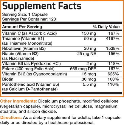 Bronson Vitamin B Complex with Vitamin C, 120 Vegetarian Capsules
