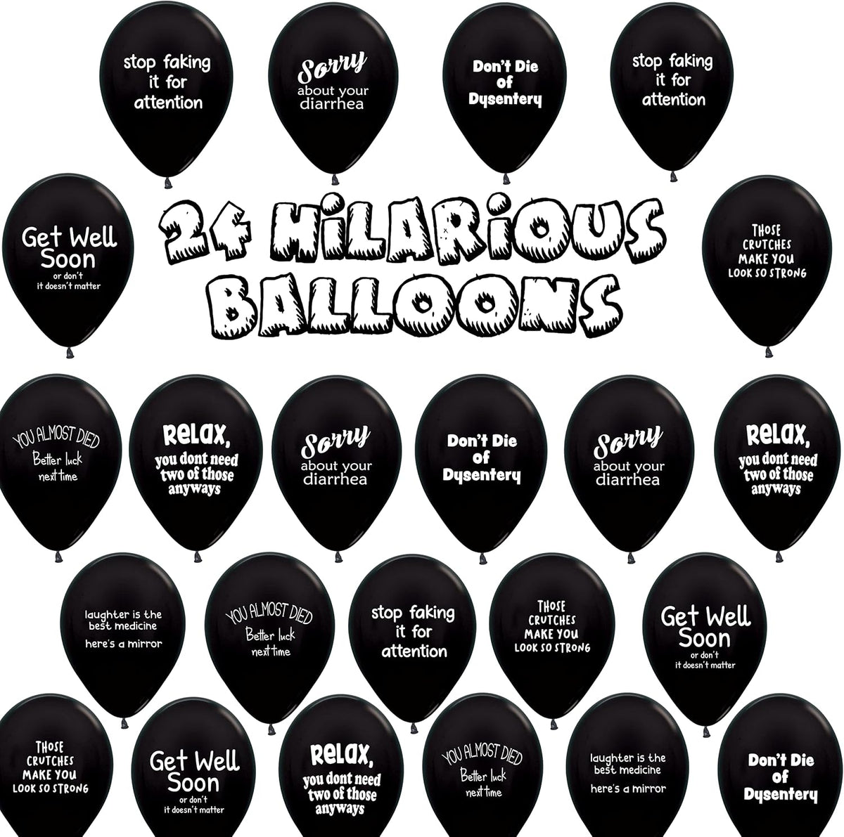 ROFLmart Sickloons Funny Get Well Soon Gift Balloons (Black, 24 Pack) - görsel 3