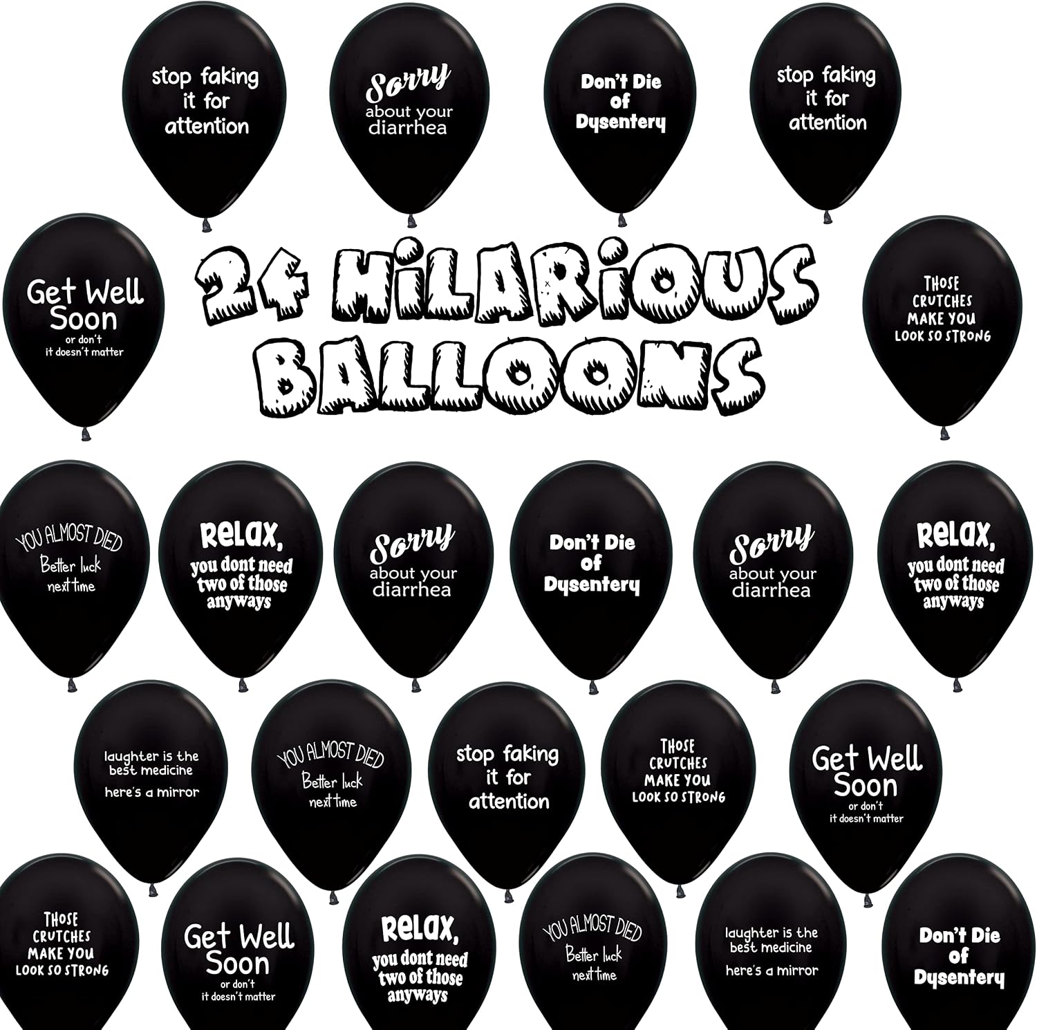 ROFLmart Sickloons Funny Get Well Soon Gift Balloons (Black, 24 Pack) - görsel 3