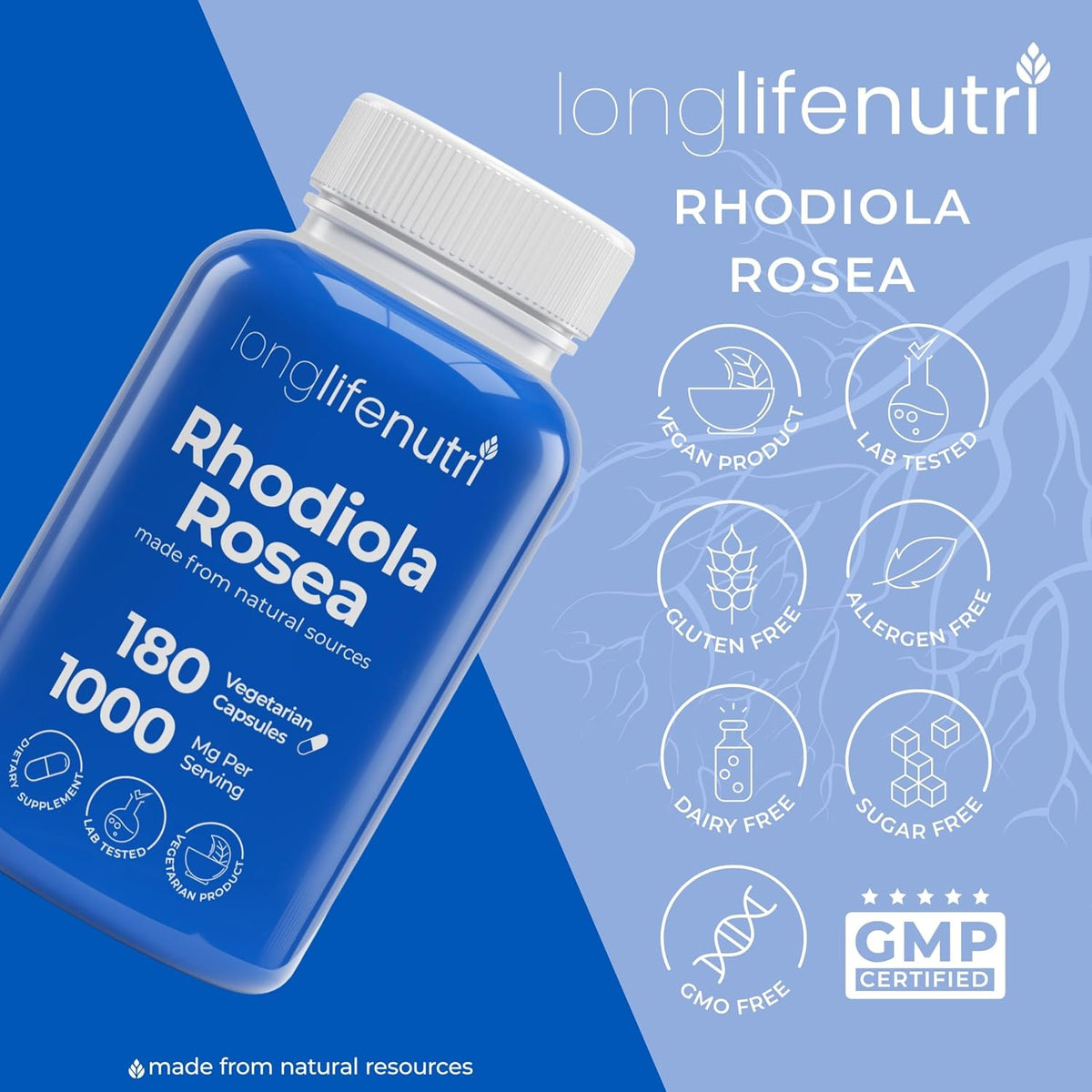 LongLifeNutri Rhodiola Rosea 1000mg - 180 Vegetarian Capsules for Mental & Physical Health, Non-GMO, 3-Month Supply, Made in USA - görsel 7