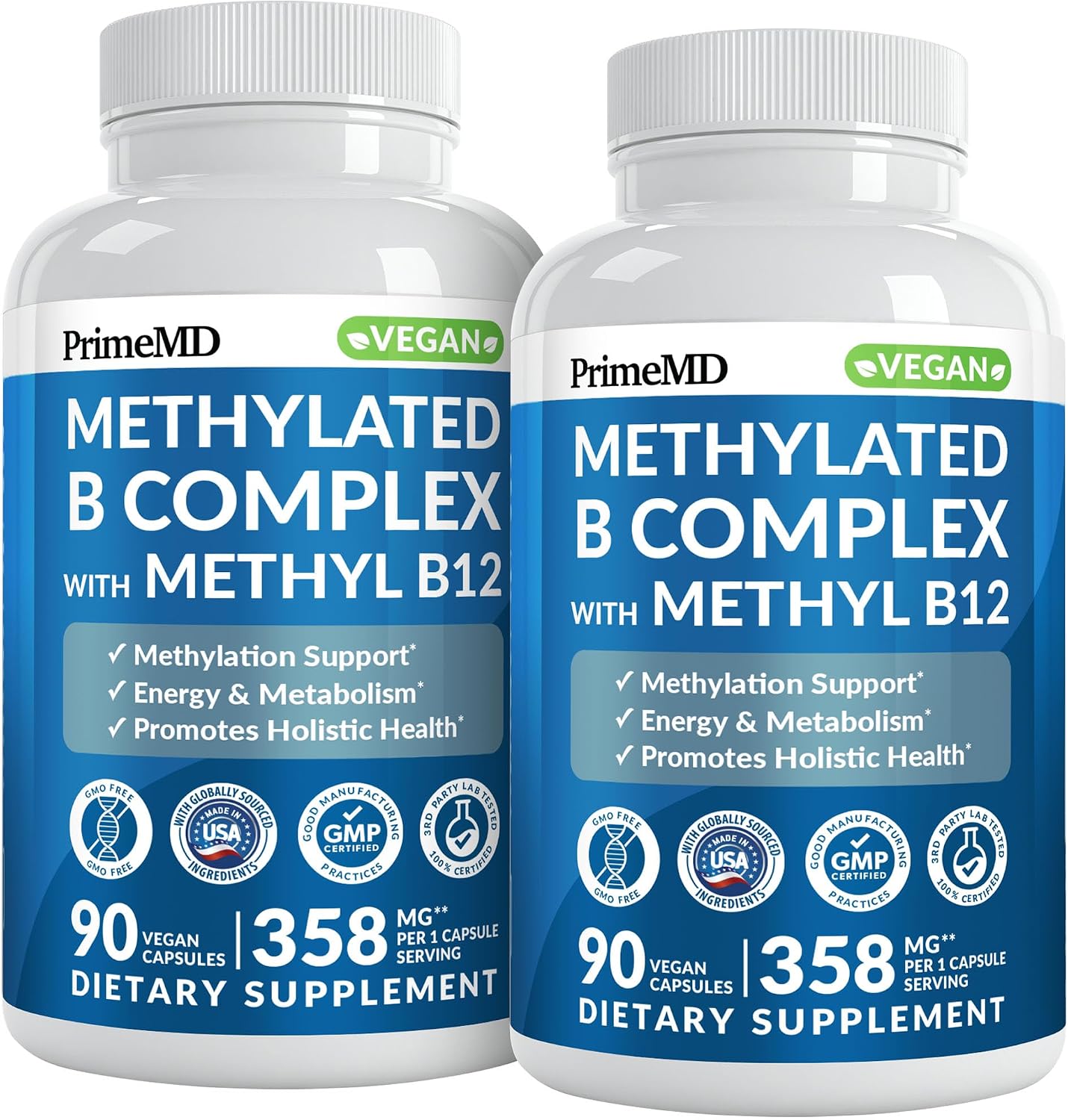 PrimeMD Methylated B Complex with Methylfolate and Methylcobalamin 1000 mcg - Bioactive B Vitamins for Energy & Brain Function (180 Capsules) - görsel 1