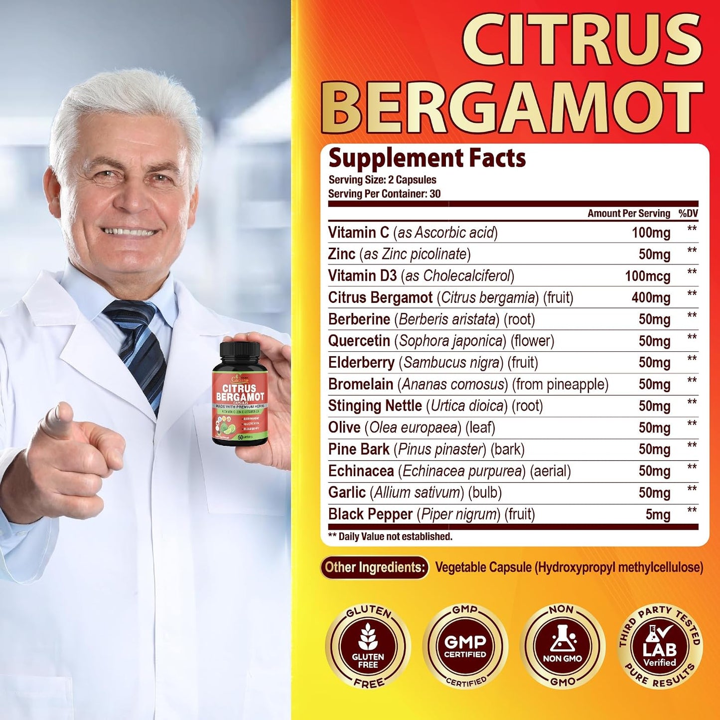 Citrus Bergamot Extract Supplement with Vitamin C, D3, Zinc, Berberine, Quercetin & More | Immune Support | 60 Capsules - görsel 3