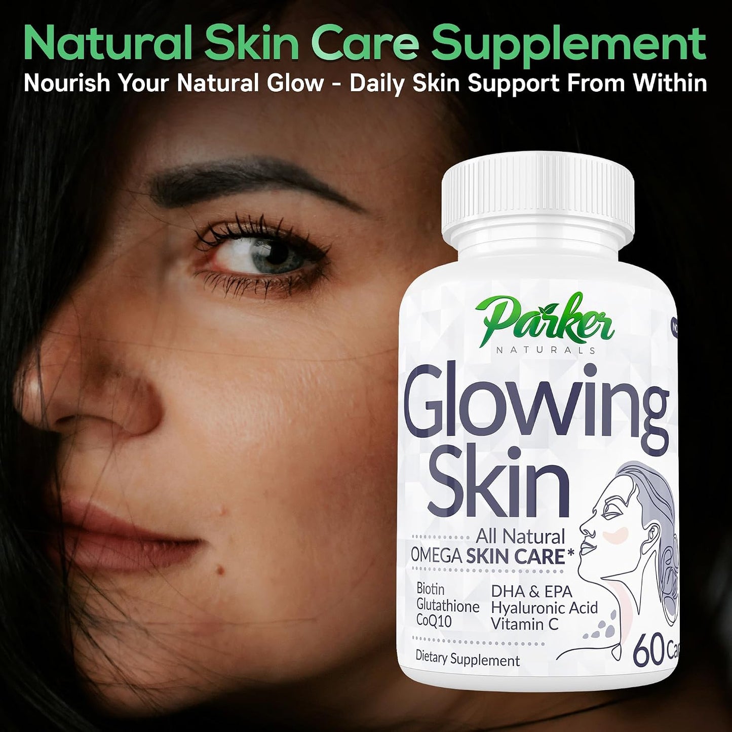 Parker Naturals Glowing Skin Supplement - Biotin, Glutathione, Hyaluronic Acid, DHA/EPA Omega 3 Fish Oil, CoQ10, Vitamin C - 60 Capsules - görsel 2