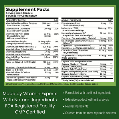One Daily Multivitamin for Men – with Vitamins & Minerals + Organic Whole Foods, Supplement to Support Energy and General Health – Non-GMO – 90 Capsules | 3 Month Supply