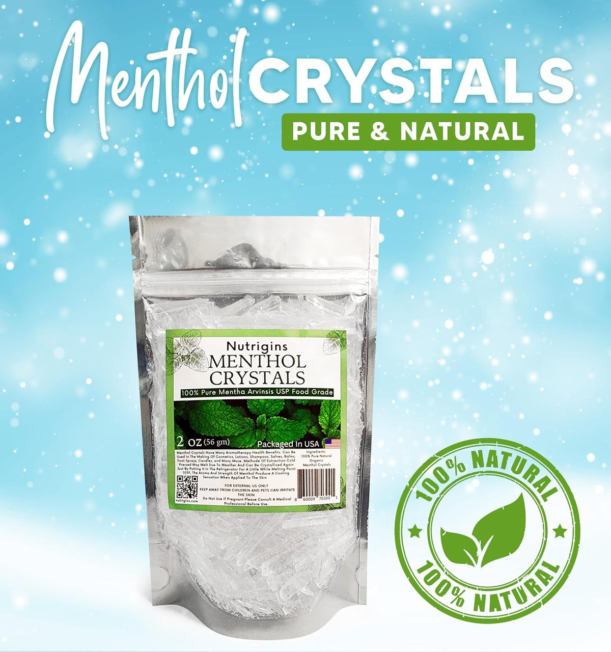 Nutrigins Menthol Crystals 2 oz - Pure Organic 100% Natural Menthol Crystals from Mint (Mentha Arvensis) - Resealable Stand-Up Pouch - görsel 9