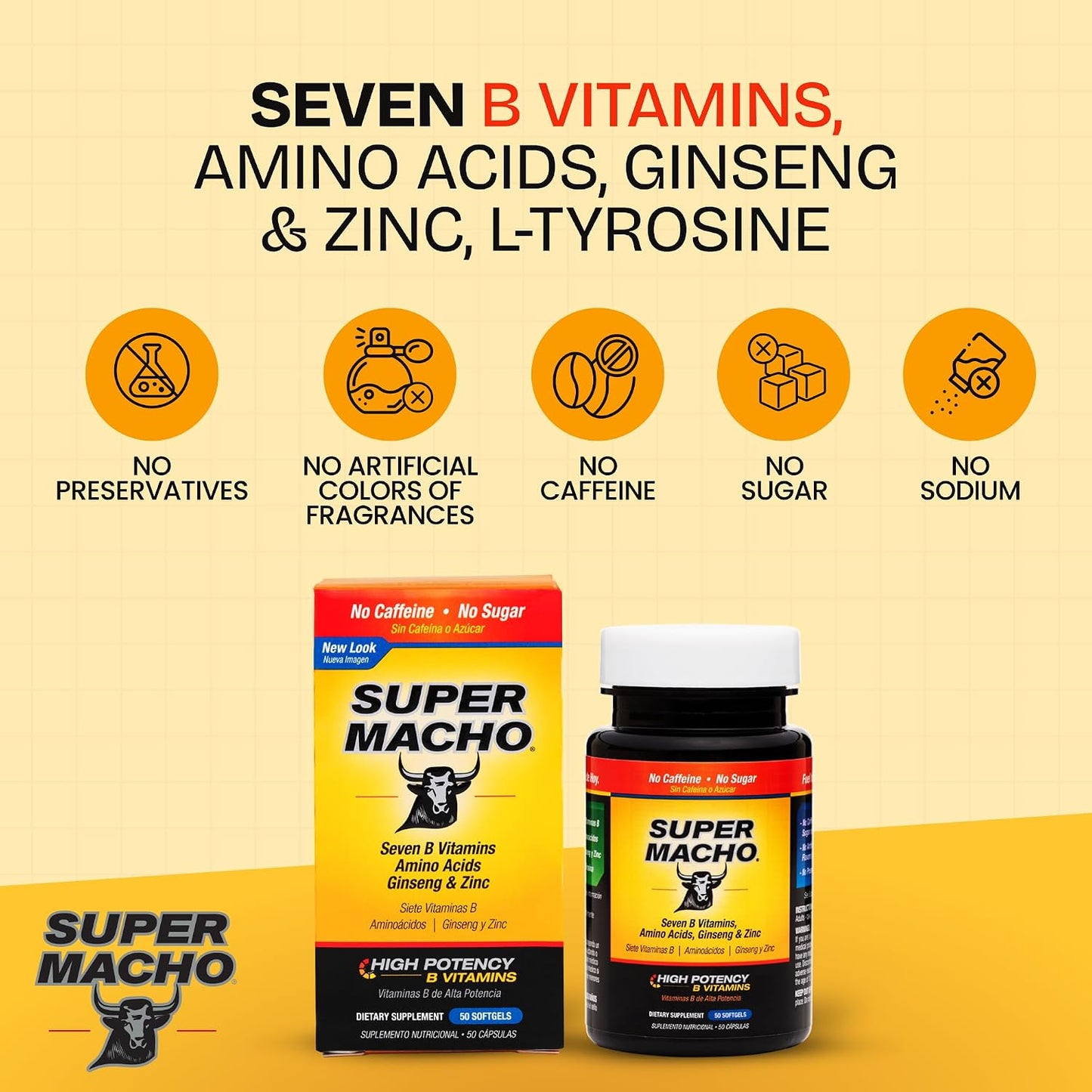 Super Macho High Potency B Vitamins and Amino Acids Supplement for Men, 50 Softgels - görsel 2