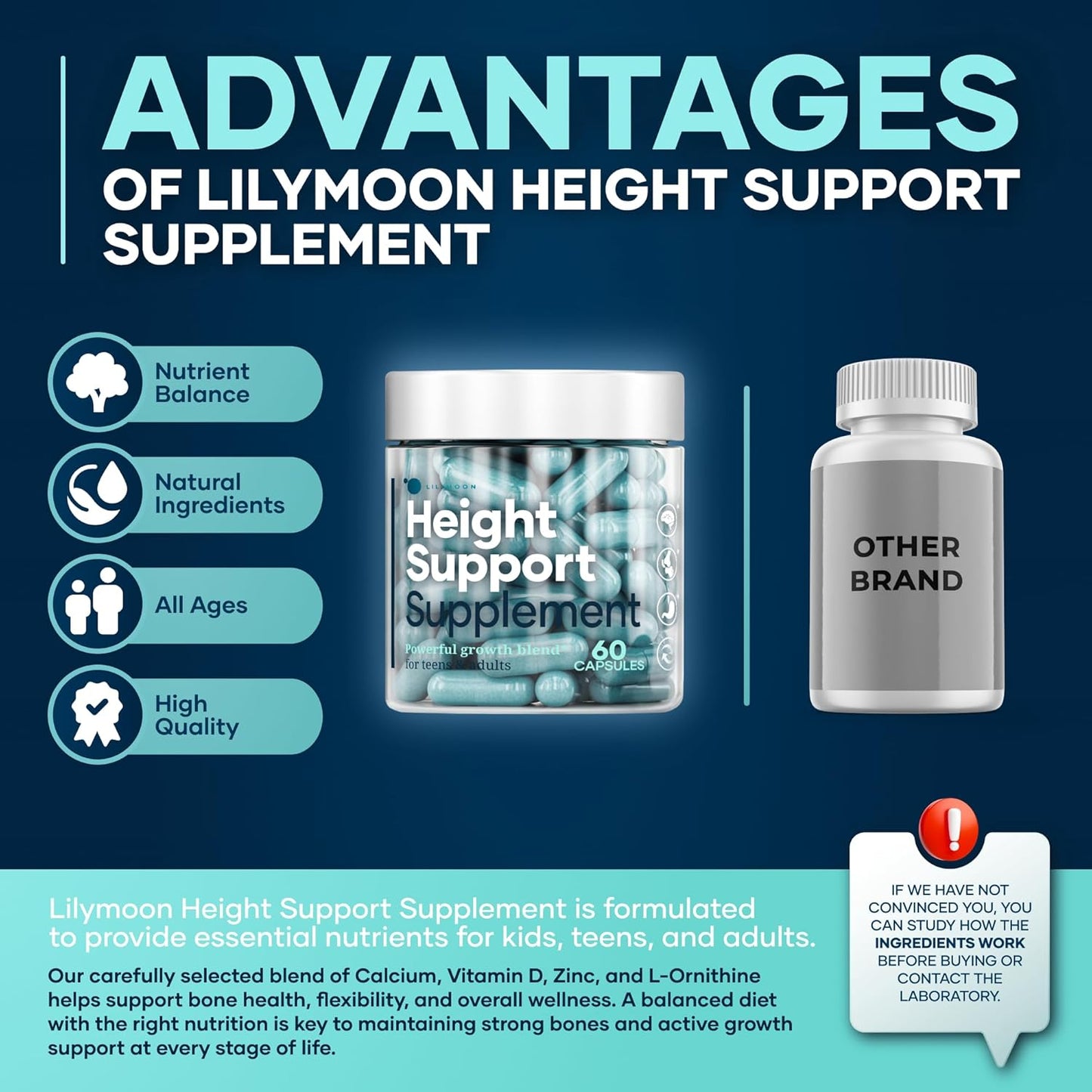 Height & Bone Support Supplement for Kids & Teens with Calcium, Vitamin D, and Zinc - 60 Capsules - görsel 3