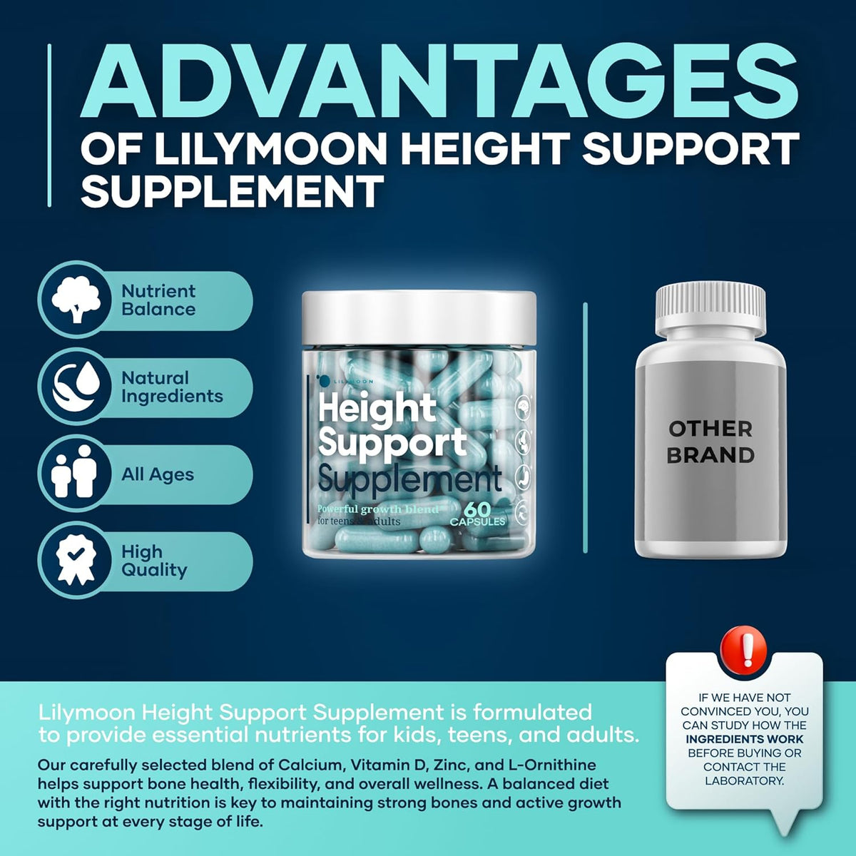 Height & Bone Support Supplement for Kids & Teens with Calcium, Vitamin D, and Zinc - 60 Capsules - görsel 3