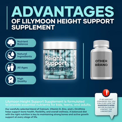 Height & Bone Support Supplement for Kids & Teens with Calcium, Vitamin D, and Zinc - 60 Capsules