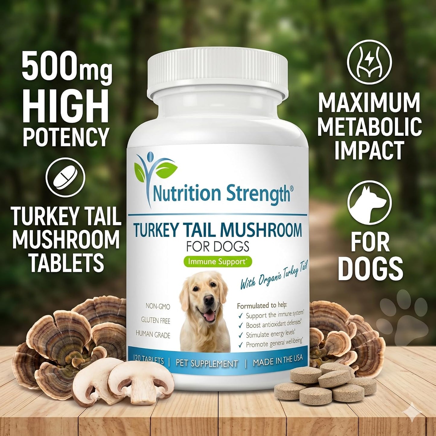 Nutrition Strength Organic Turkey Tail Mushroom for Dogs - 500mg Immune Support - 120 Chewable Tablets - görsel 2