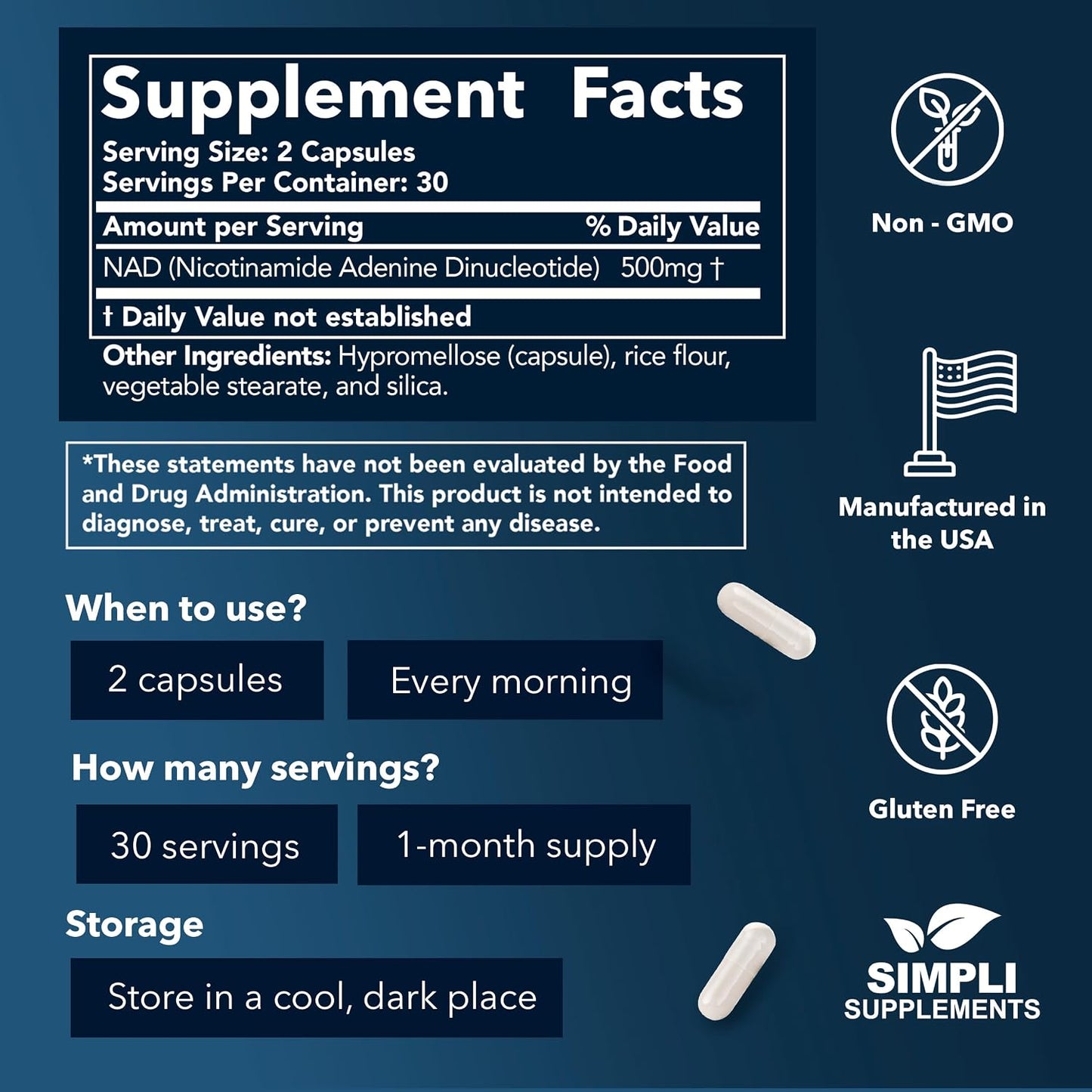 Simpli Supplements NAD+ Supplement - 500mg per Serving (60 Capsules) - görsel 2