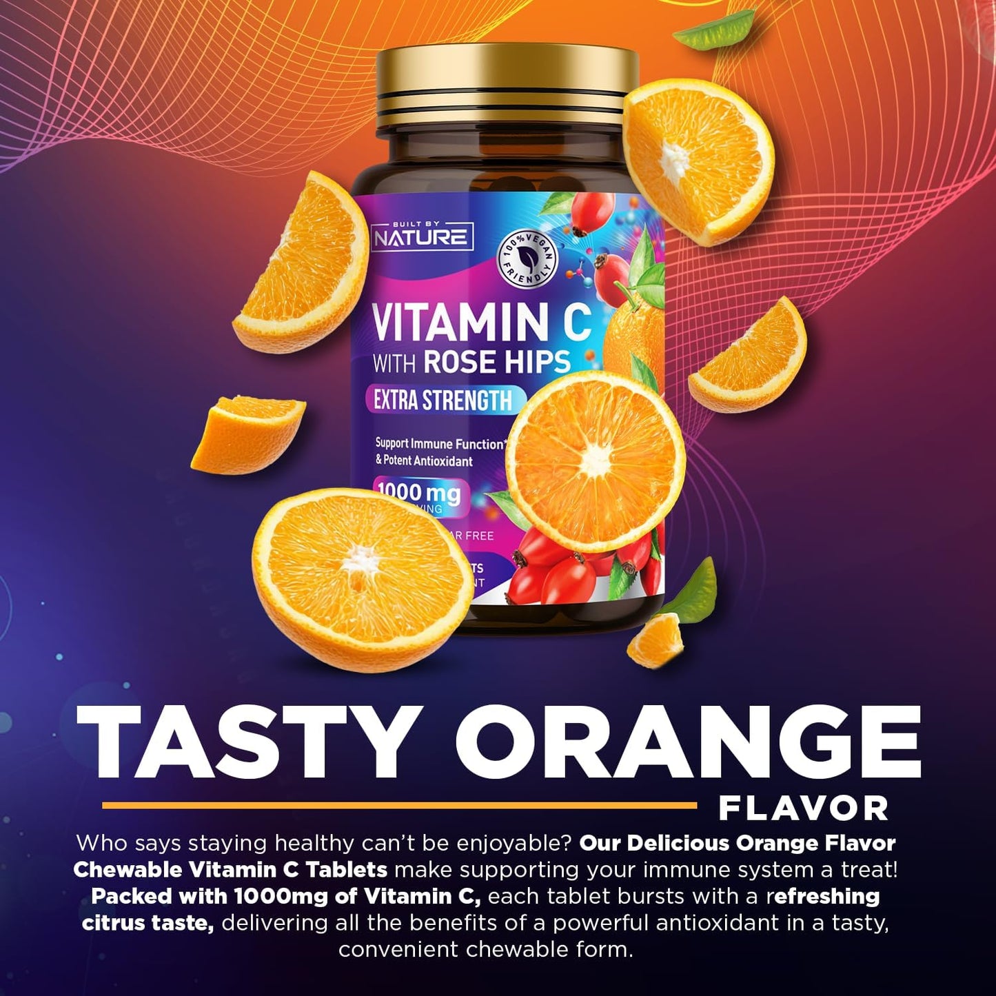 Built by Nature Chewable Vitamin C with Rose Hips – 1000mg Immune Support – Orange Flavour – 60 Tablets - görsel 6