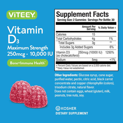 Viteey Vitamin D3 Gummies for Adults & Teens - 10,000 IU (250 µg) - Maximum Strength - Joint, Muscle & Immune Support - Vegetarian, Gelatine Free - 60 Count