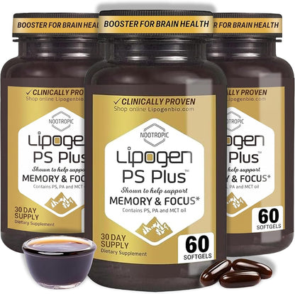 PS Plus Brain Supplements for Memory and Focus – Premium Phosphatidylserine Brain Booster for Brain Health – Nootropic – 60 Softgels for One Month’s Supply