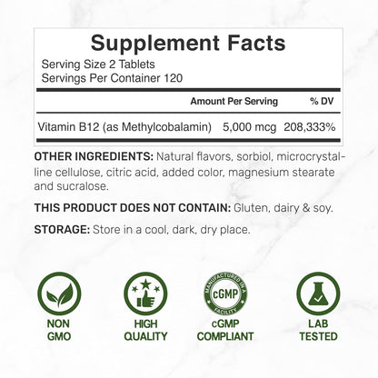 DEAL SUPPLEMENT Methyl B-12 5000 mcg Chewable Tablets - Active Methylcobalamin, Strawberry Flavoured, 240 Count