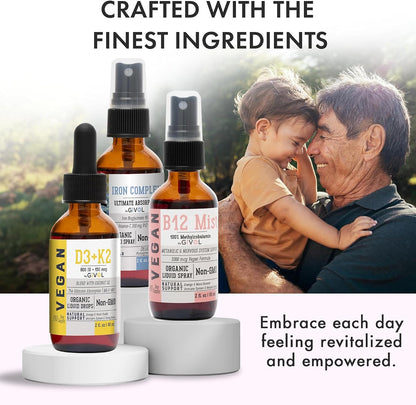 GIVOL Energy & Vitality Bundle Liquid Spray Trio - B12 Methylcobalamin, Iron Bisglycinate, and D3 (Lichen) & K2 (MK4 & MK7), Non-GMO, Gluten-free, Sugar-Free, 60 ml (540-Day Supply)