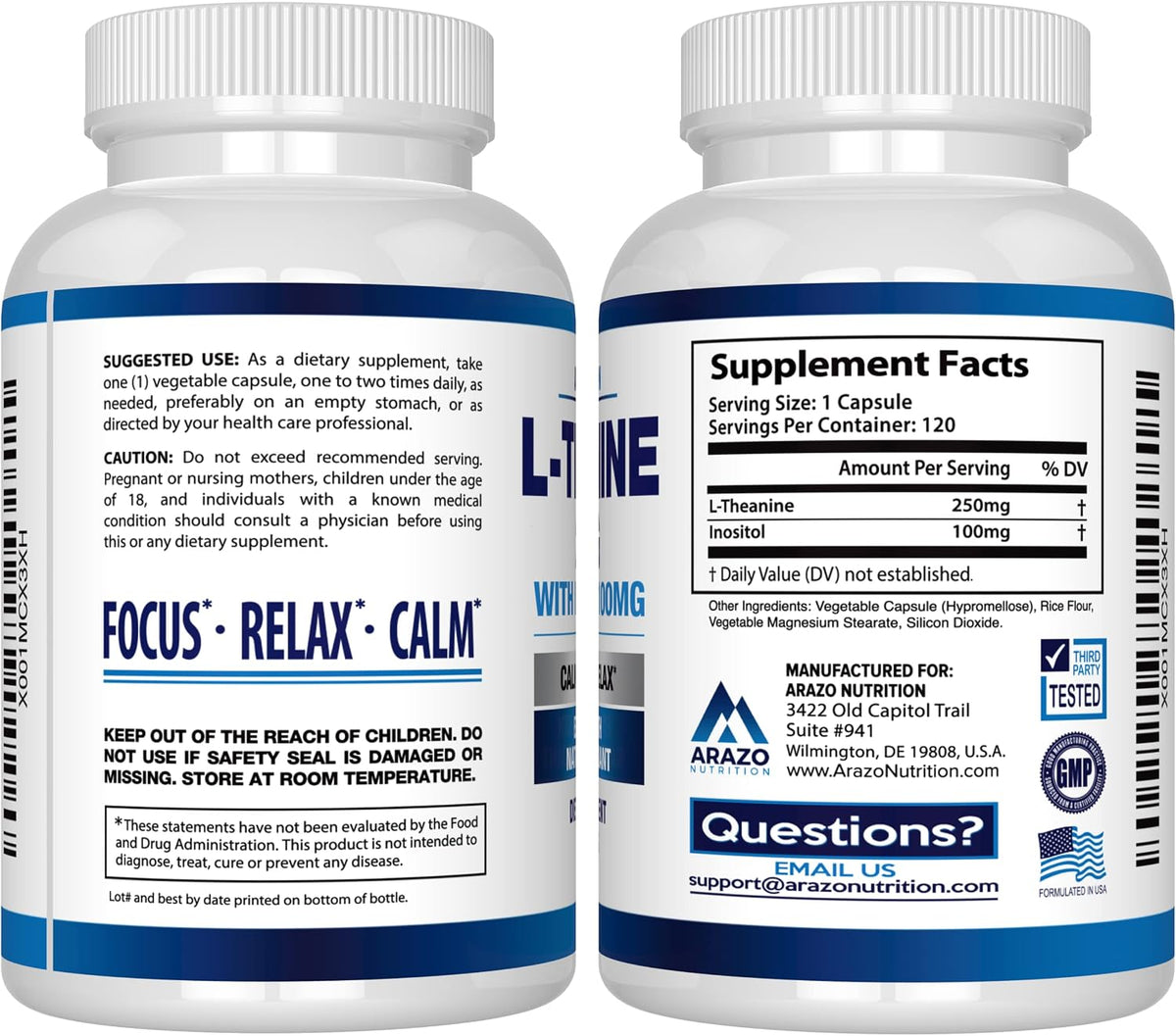Arazo Nutrition L-Theanine 250mg with Inositol 100mg, 120 Vegetarian Capsules – Image 3