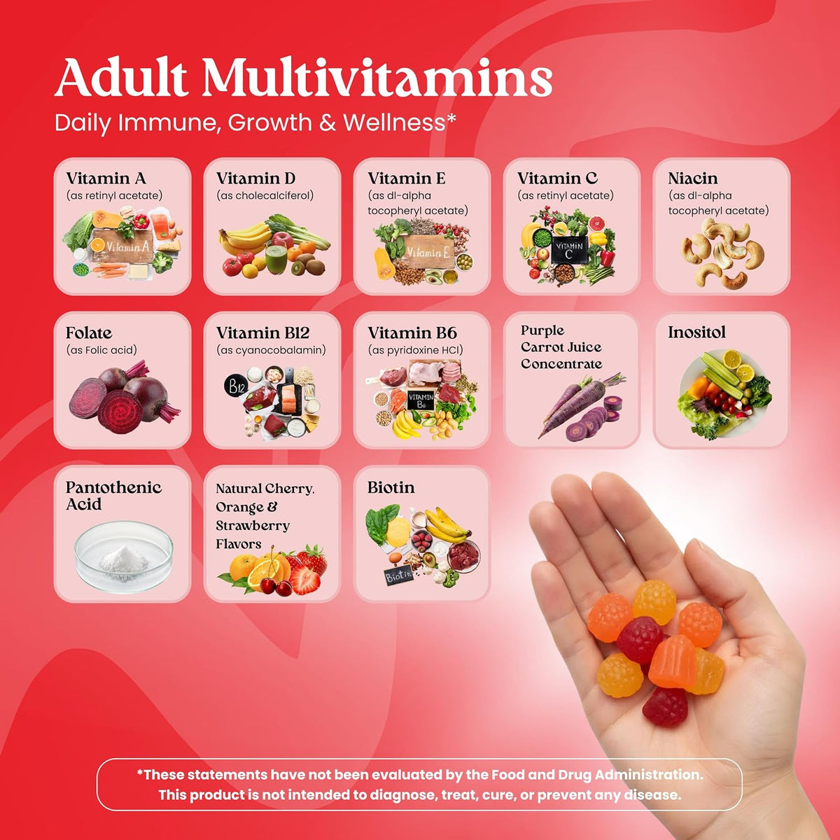 VITA GLOBE Adult Multivitamin Gummies – 9 Daily Vitamins with C, D, E, B6, B12, Folate & Biotin – Orange, Peach & Strawberry Flavours – Immune Support Supplement – 120 Gummies (2-Pack) - görsel 3
