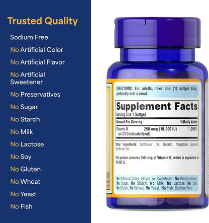 Puritan's Pride Premium Sunvite™ Mega-Potency Vitamin D3 10,000 IU, 200 Rapid-Release Softgels (2 x 100)
